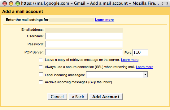Gmail - Mail Fetcher - Enter the mail setting for